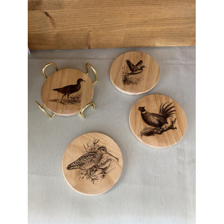 Lot 4 dessous de verre bois gravés + support