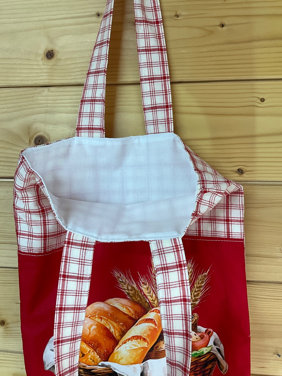 Sac à pain floqué motif carreaux rouges fond blanc ouvert, doublure en tissu coton, cousu main Sidonie Créa