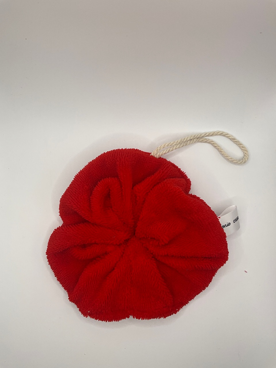 Éponge de douche lavable et réutilisable en tissu éponge, modèle adulte, coloris rouge, avec cordon de suspension